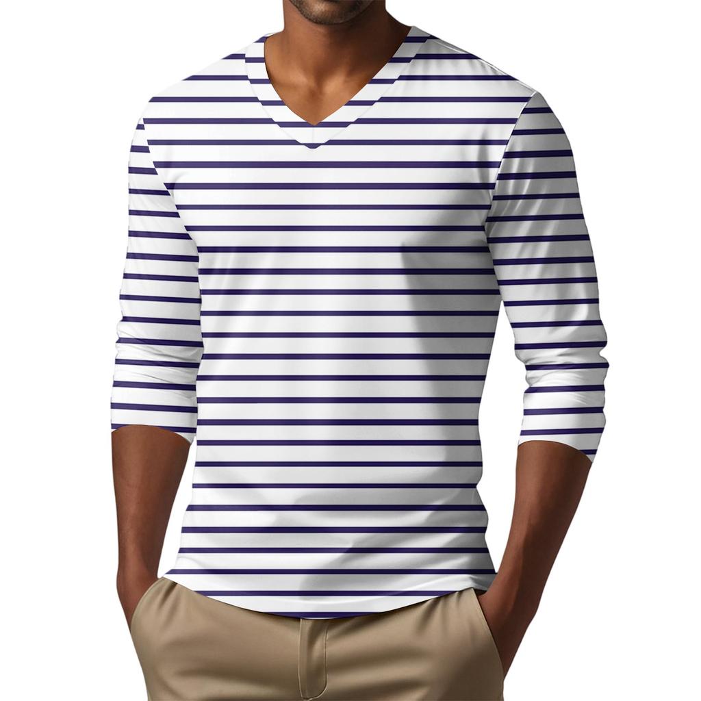 Men's V-neck Casual Fashion Printed Long-sleeved T-shirt Top