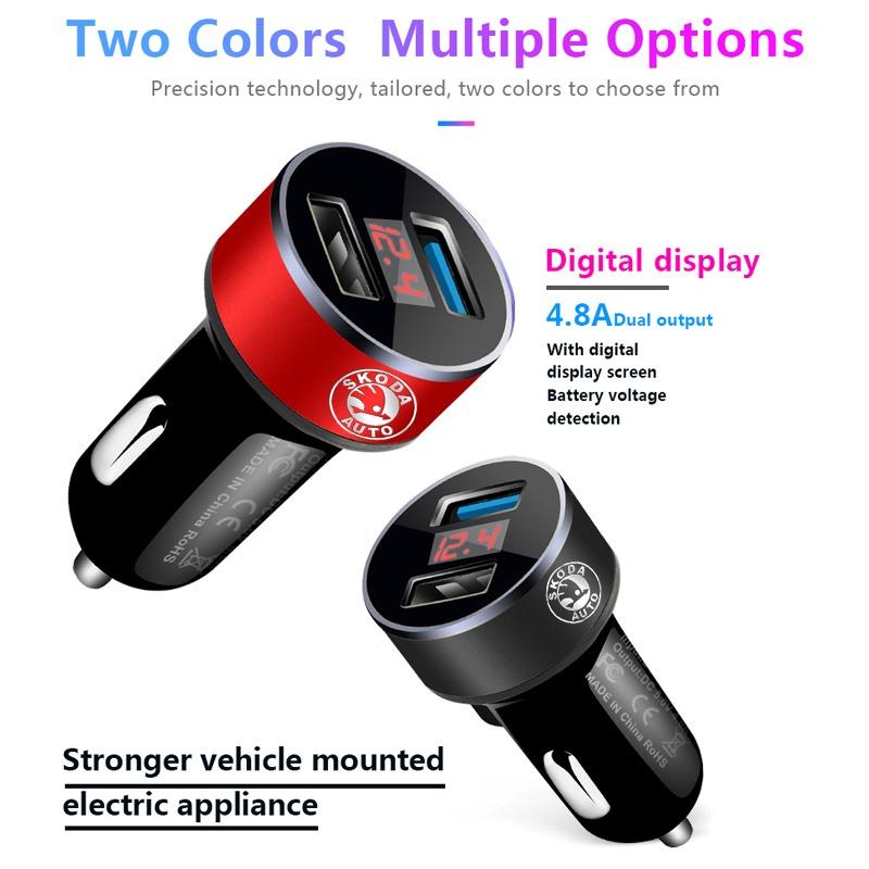 Car Charger 2 USB Ports Fast Charging Digital Display Car Accessories For Skoda Octavia Superb Rapid Kodiaq Karoq Fabia Kamiq Roomster Citigo