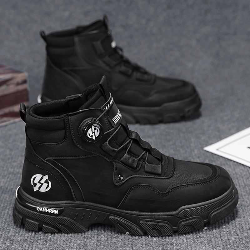 Autumn and winter new leather swivel buckle shoes outdoor non-slip thick-soled high-top casual shoes