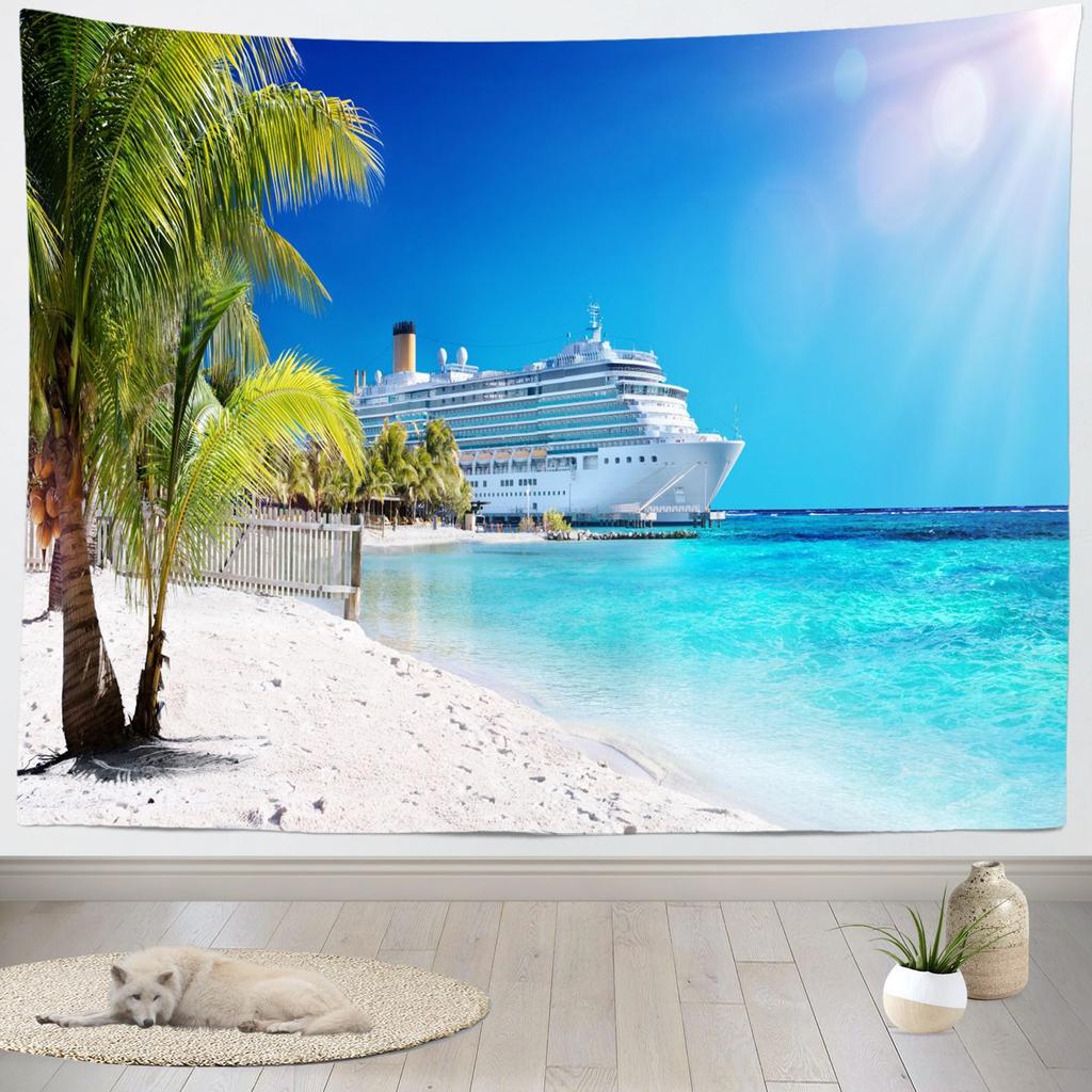 Cruise Ship Tapestry Caribbean Sea Palm Tree Coral Beach Tapestry Wall Hanging  Large Tropical Island Summer Holiday Tapestries