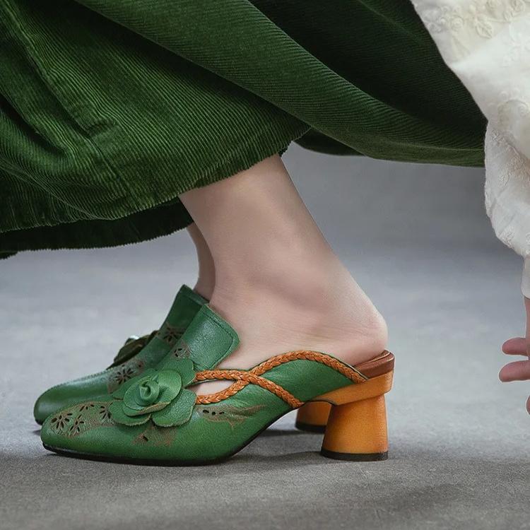 Johnature Vintage Genuine Leather Handmade Flower High Heel Slippers Pointed Toe Women's Shoes