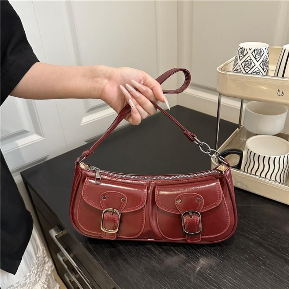 Fashion Double Pocket Shoulder Bag Glossy PU Leather Top Handle Bag Zipper Solid Color Underarm Bag Women