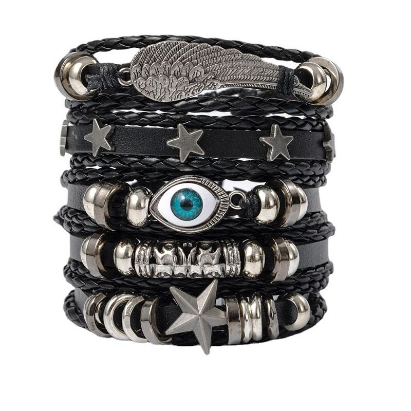 Punk Multilayer Antique Leather Bracelet Set Skull Eye Star Charms Hiphop Rock Y2K Vintage Pu Gothic Wristband Man Goth Jewelry