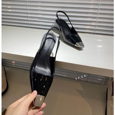 New Square Toe Thin Heel Sandals Patent Leather Black Wrapped Heels High Heels Metal Toe Temperament Matte Women's Single Shoes