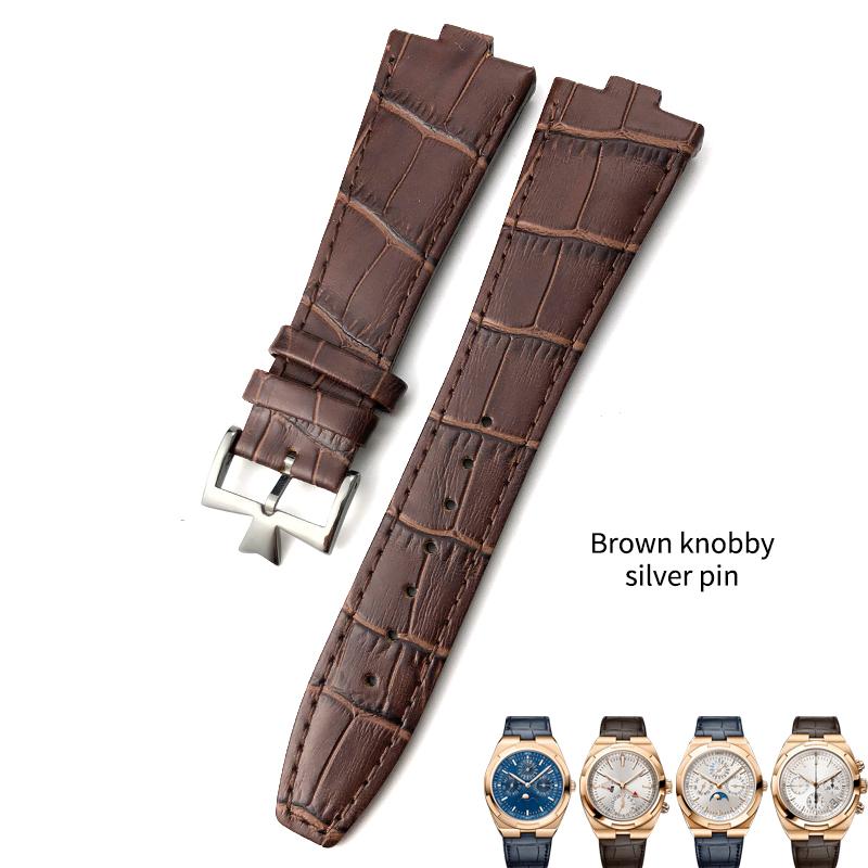 

25mm * 9mmGenuine Leather Convex Interface Watch Strap for Vacheron Constantin Overseas Black Blue Brown Bamboo Grain Watch Band 25mm&Silver buckle