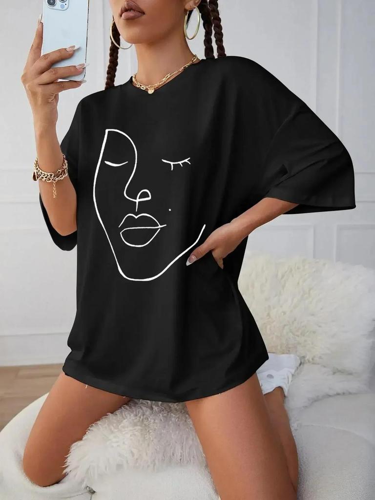 Simple Line Print Women's Face T-shirt Casual Short-sleeved Top  Comfortable Clothing, Harajuku Style Short-sleeved Casual Wear