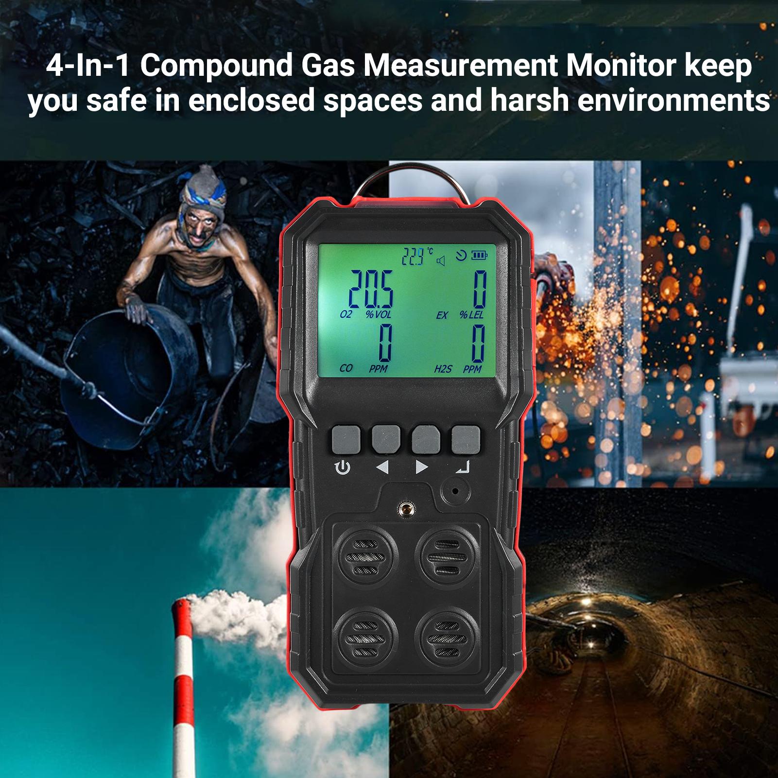 4 in 1 Gas Detector LCD Display Compound Gas Measurement Detector Sound Light Vibration Alarm Data Record Combustible Gas Detector ABS