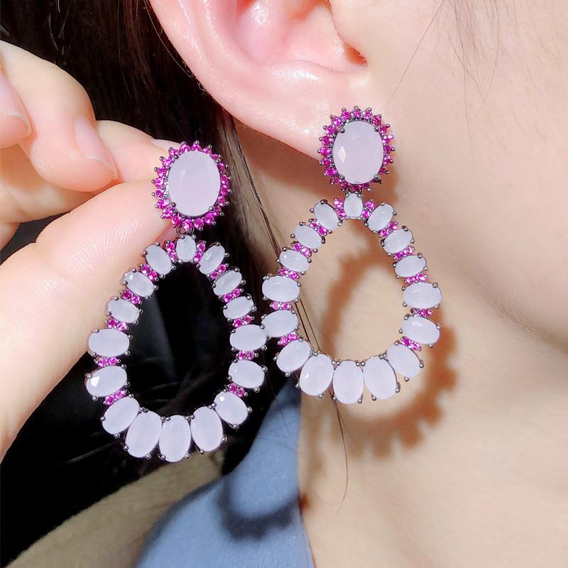 WWJ High Quality Black Golden Color Light Pink Zircon Big Drop Earrings