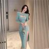 French Sexy Long-sleeved Hip Skirt Women's Spring and Autumn New Waist Sweet Temperament Hollow Split Design Dress