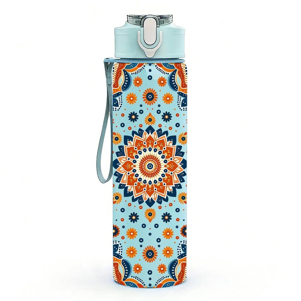 1PC Vintage Tile Bohemian Pattern Print 750ml Color Plastic Sports Water Bottle Leakproof Flip Straw Lid Suitable for Sports Office Home Use