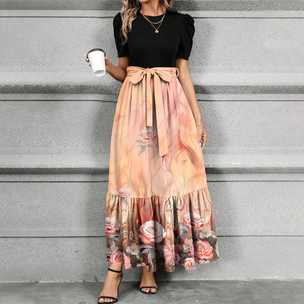 Women's Floral Print High Waist Fashionable And Elegant Dress