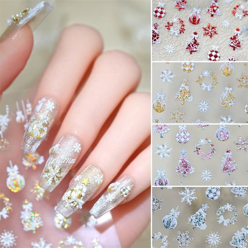 Cute Christmas Style Bow Colorful Snowflake Christmas Tree Nail Art Stickers Girly Nail Art Print Stickers Women Nail Decor Gift