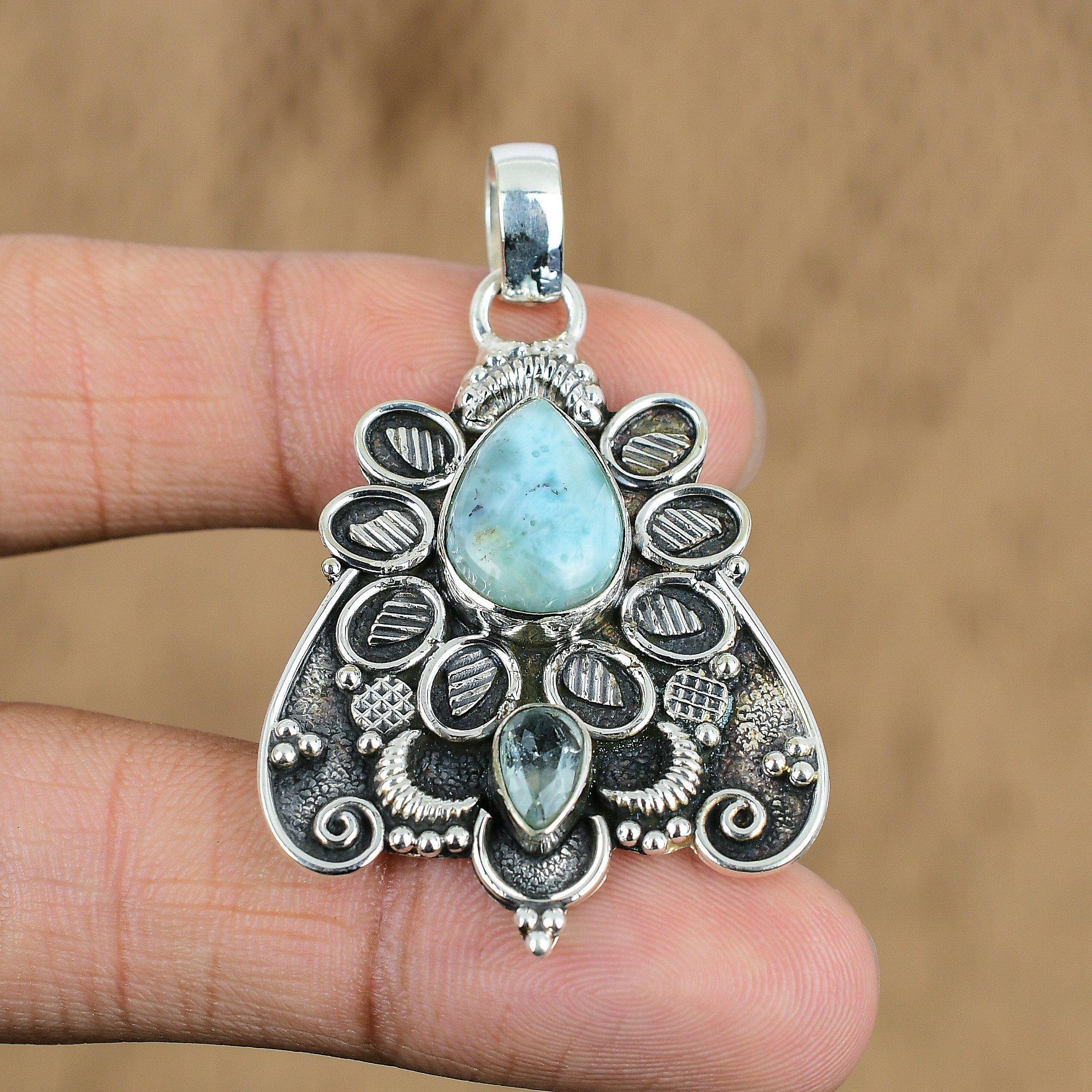 

Natural Larimar Gemstone Pendant Blue 925 Sterling Silver Indian Jewelry