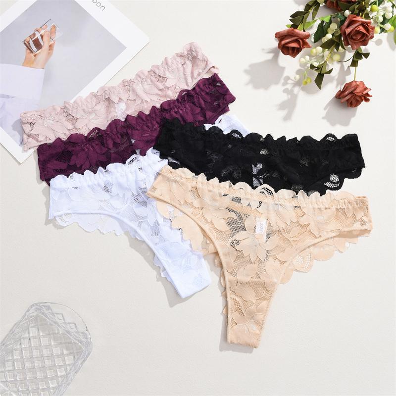 FINETOO 3 Bucți Tangas Florale din Dantelă Decupate Lenjerie Intimă Solidă Sexy cu Talie Joasă Confortabil G-String Fete Fierbinți Lenjerie Erotică