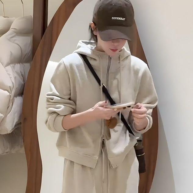 2026 Korean Style Hooded Sweatshirt & Elastic Waist Wide-Leg Pants Set for Women - Spring/Autumn Collection