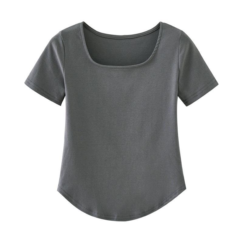 Women's Summer Short-sleeved Irregular Arc Slim Thin U-neck Cotton T-shirt