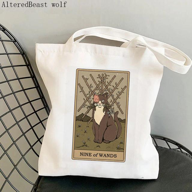 Kadın Alışveriş çantası Balık kedi Tarot Baskılı Kawaii Çanta Harajuku Alışveriş Kanvas Alışveriş Çantası kız çanta Tote Omuz Bayan Çantası