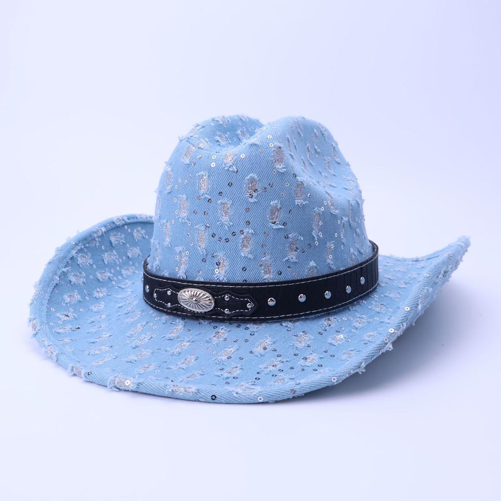 Stylish And High-Quality Old Denim Warped Edge Jazz Hat Can Be Worn In All Seasons, Men'S And Women'S Top Hats, Western Denim Hats