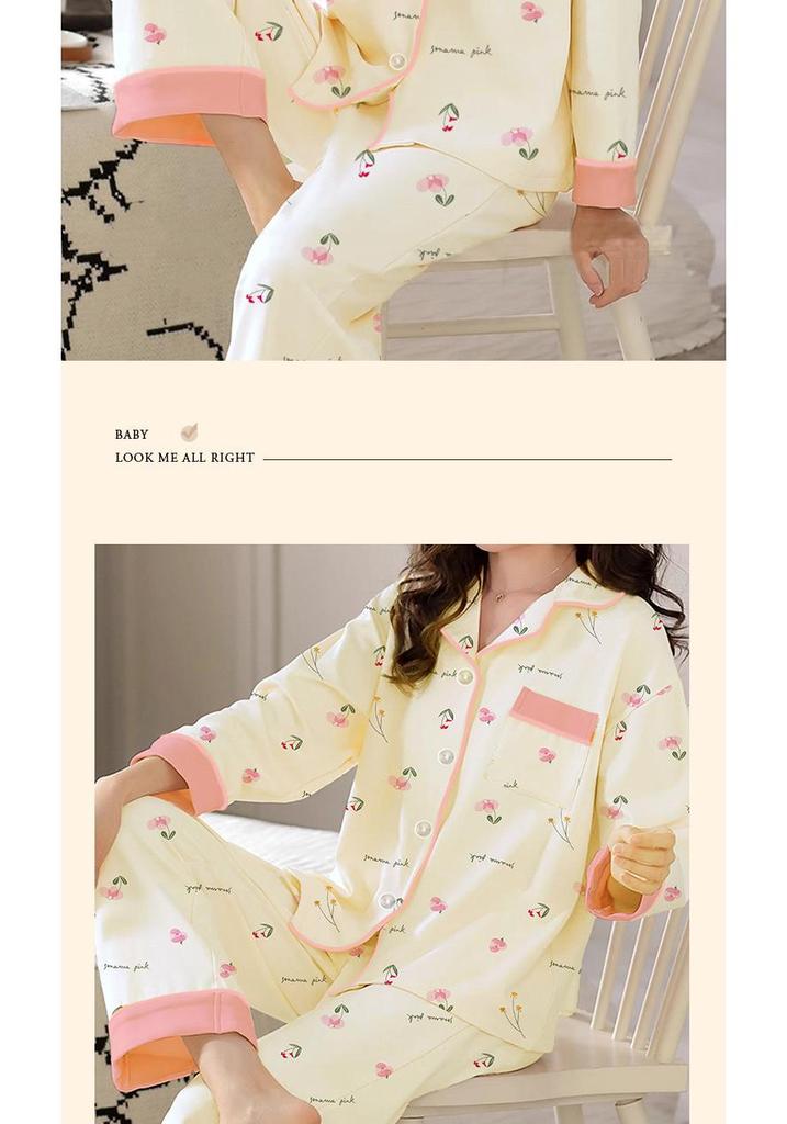 French Floral Faux Cotton Women's Pajama Set - Spring/Autumn Long Sleeve & Pants, Loose Cardigan Style for Middle-aged Women.