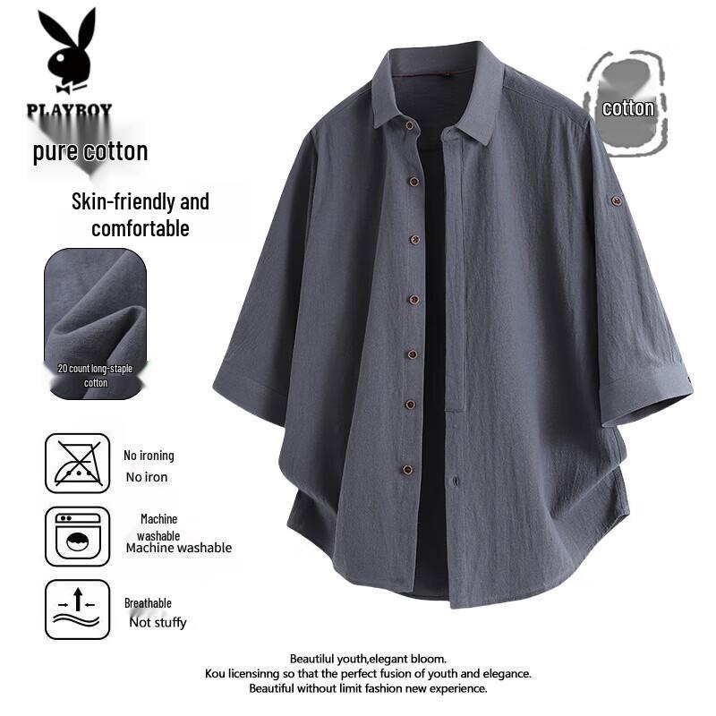 PLAYBOY Men s Seven-Quarter Sleeve Linen Blend Shirt M