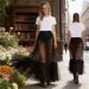 Tutu Tulle Long Maxi Skirt Women Fashion Korean Cute Pink High Waist Pleated Skirt Mesh Female Lady Aesthetic Faldas