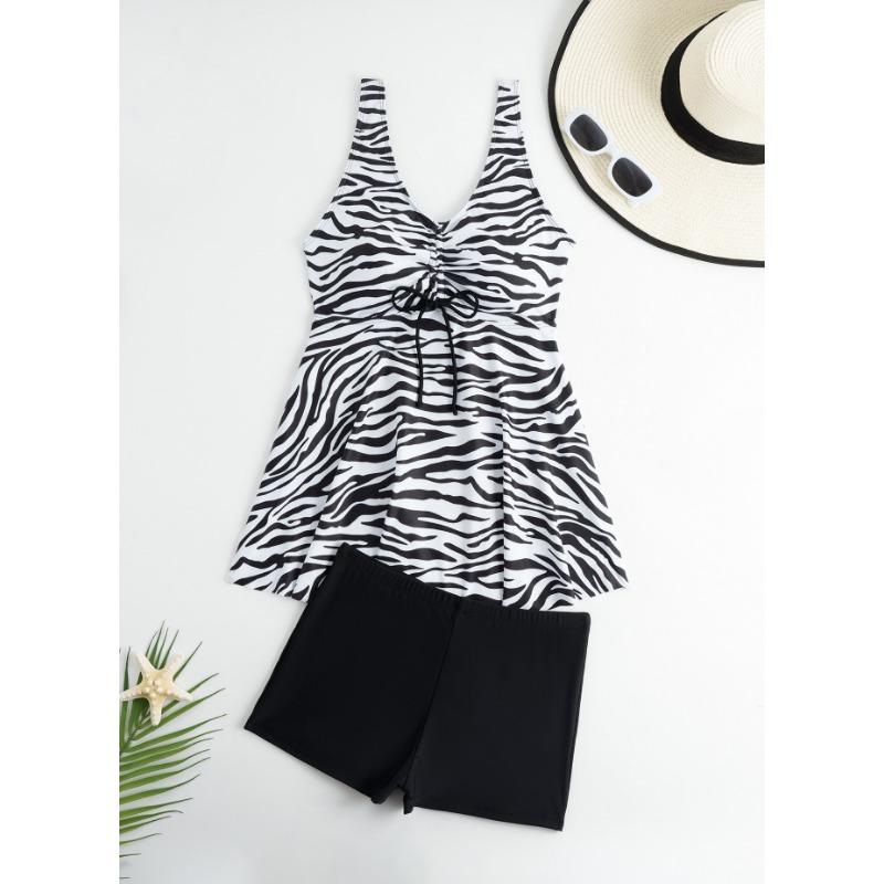 Costume da Bagno Due Pezzi da Donna Tankini con Coulisse e Stampa Floreale con Slip a Pantaloncino