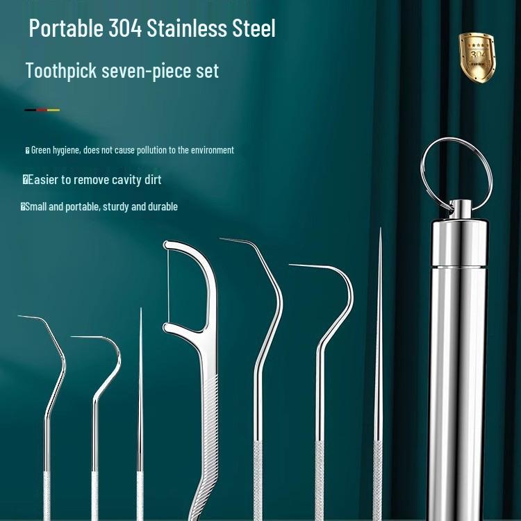Stainless Steel Toothpick Holder & Oral Care Tool Set