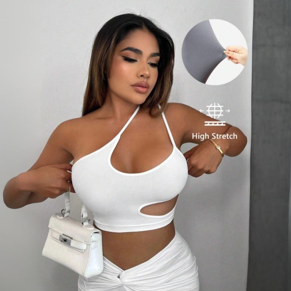 Spring and summer new women's clothing European and American sexy T-shirt diagonal collar unilateral suspender super short top