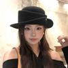 French Hepburn style elegant black top hat female autumn and winter retro face small curling edge tweed hat bucket hat
