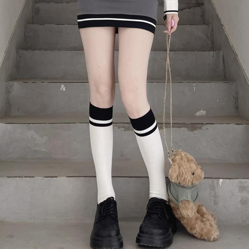 Women's Cotton Boot Socks Knee High Socks JK Preppy Calf Socks Simple Color Block Striped Knee High Stockings Gifts