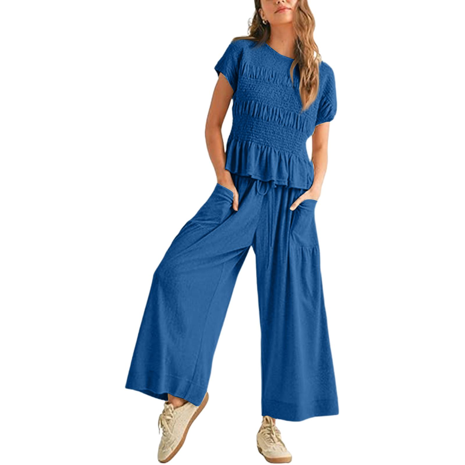 

Women’s Short Sleeve Smocked Top and Wide Leg Pants Set Two Piece Outfits with Elastic Waist and Pockets for Daily Wear L синий