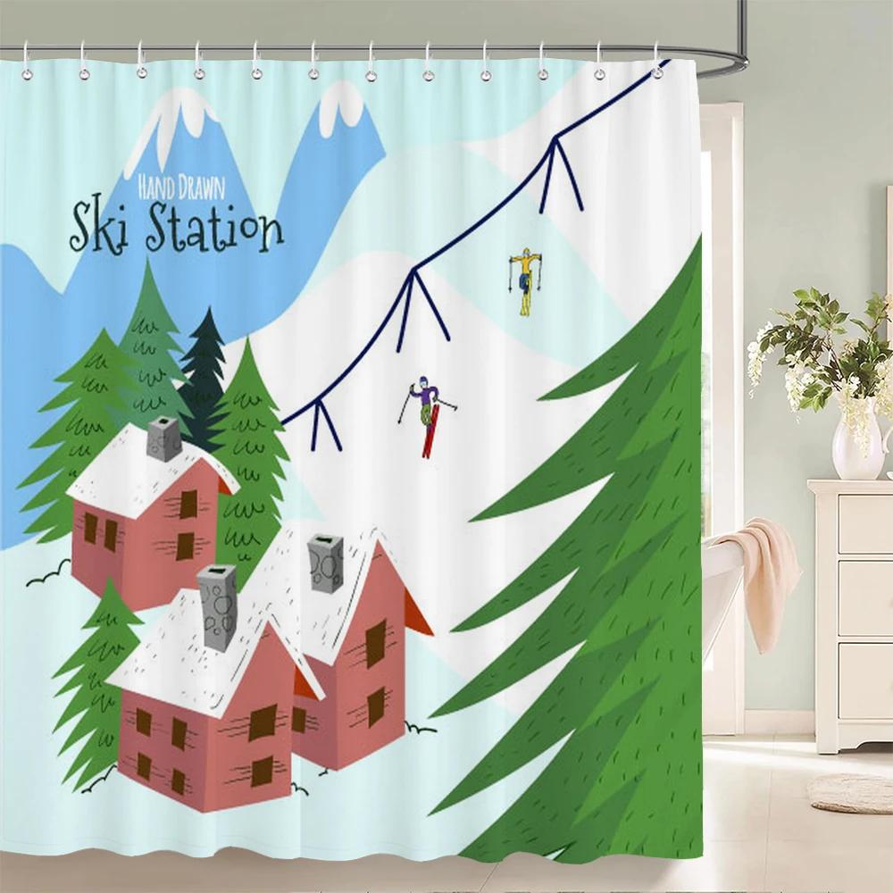 Winter Ski Station Cedar Plant Shower Curtains Bathroom Curtain Frabic Waterproof Polyester Bath Curtain with Hooks Decoration