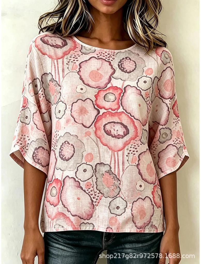 Xiyin's New Summer T-shirt Women's D-printed Retro Round Neck Loose Seven-quarter Sleeve T-shirt Top