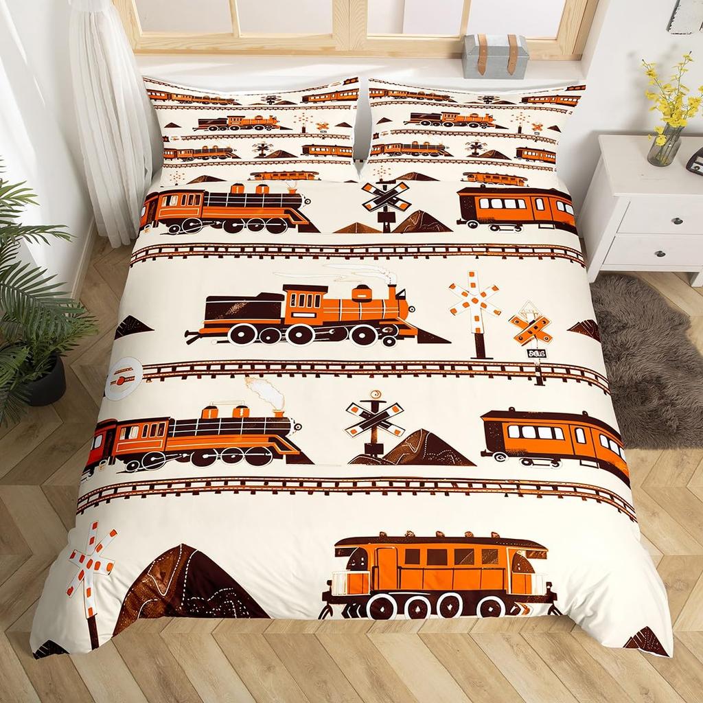 Cartoon Zug Bettwäsche Set Full Queen King Vintage Dampflok Bettdeckenbezug, Reise Eisenbahnstrecke Transport Bettbezug