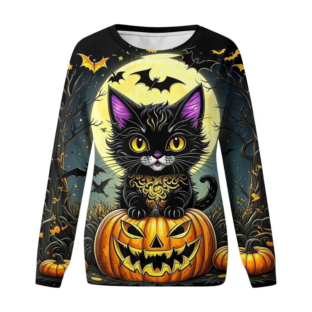 Women's Casual Neck Long Sleeve Raglan Halloween Print Sweatshirt