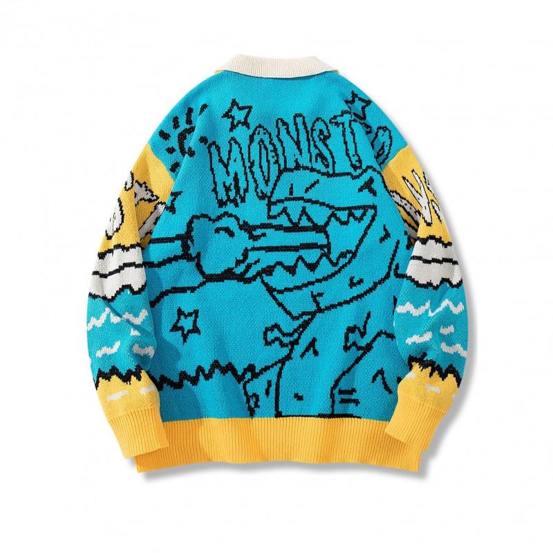 Amerikanischer Dinosaurier Strickpullover für Teenager Jungen Lockerer Rundhals Pullover Warmes Freizeit Oberteil Herbst Winter