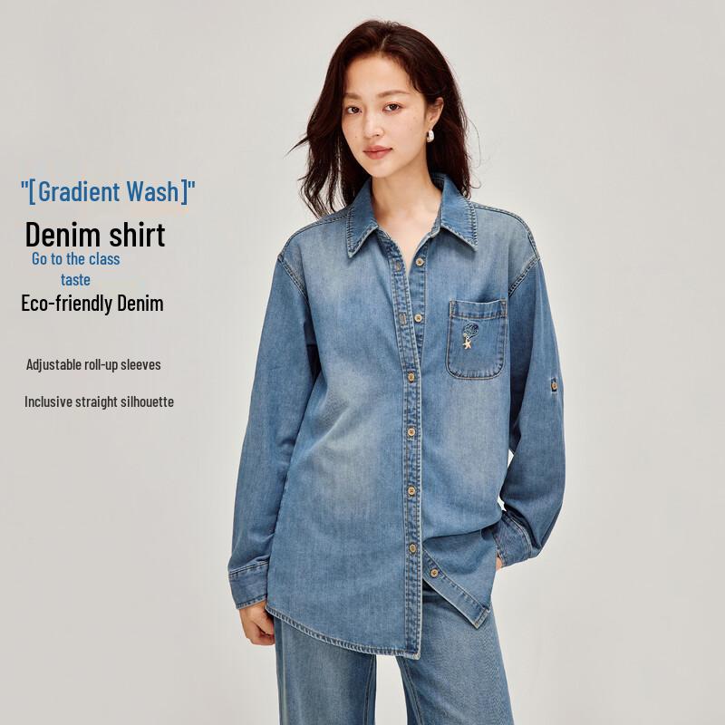 INMAN Women s Retro Washed Embroidered Denim Long-Sleeve Shirt L