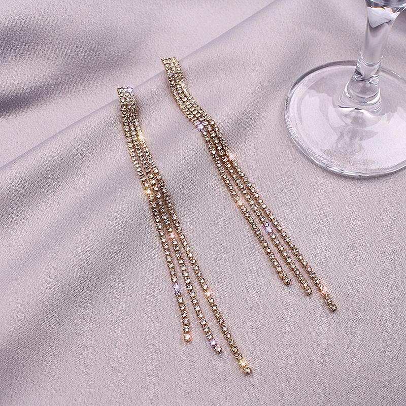 Trendy Tassel Crystal Rhinestone Long Earrings For Women Luxury Shiny Bridal Dangle Drop Earrings Wedding Jewelry Gift Bijoux