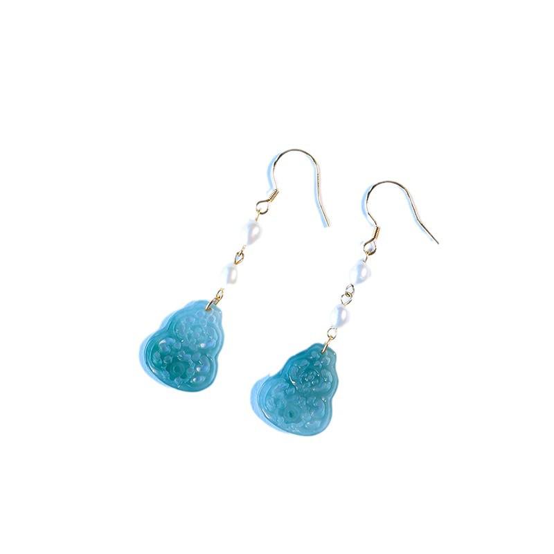 A-Grade Natural Jade Gourd Tassel Stud Earrings with 925 Silver, Gold-Plated, and Pearl Accents
