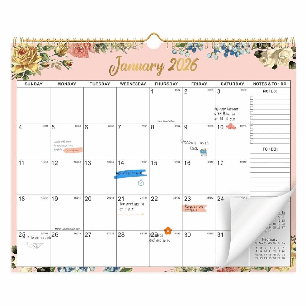 

2026 Jan.- 2027 Jun Wall Calendar Spiral Binding 18 Months Monthly Calendar Wall Mount Flower Pattern Desktop Planner Office Use