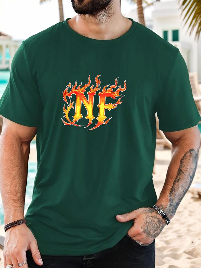 Unisex Black Crew Neck Tee Flame Style Nf Letter Graphic Hip Hop Streetwear Soft Cotton Male Casual Short Sleeve Daily Tops