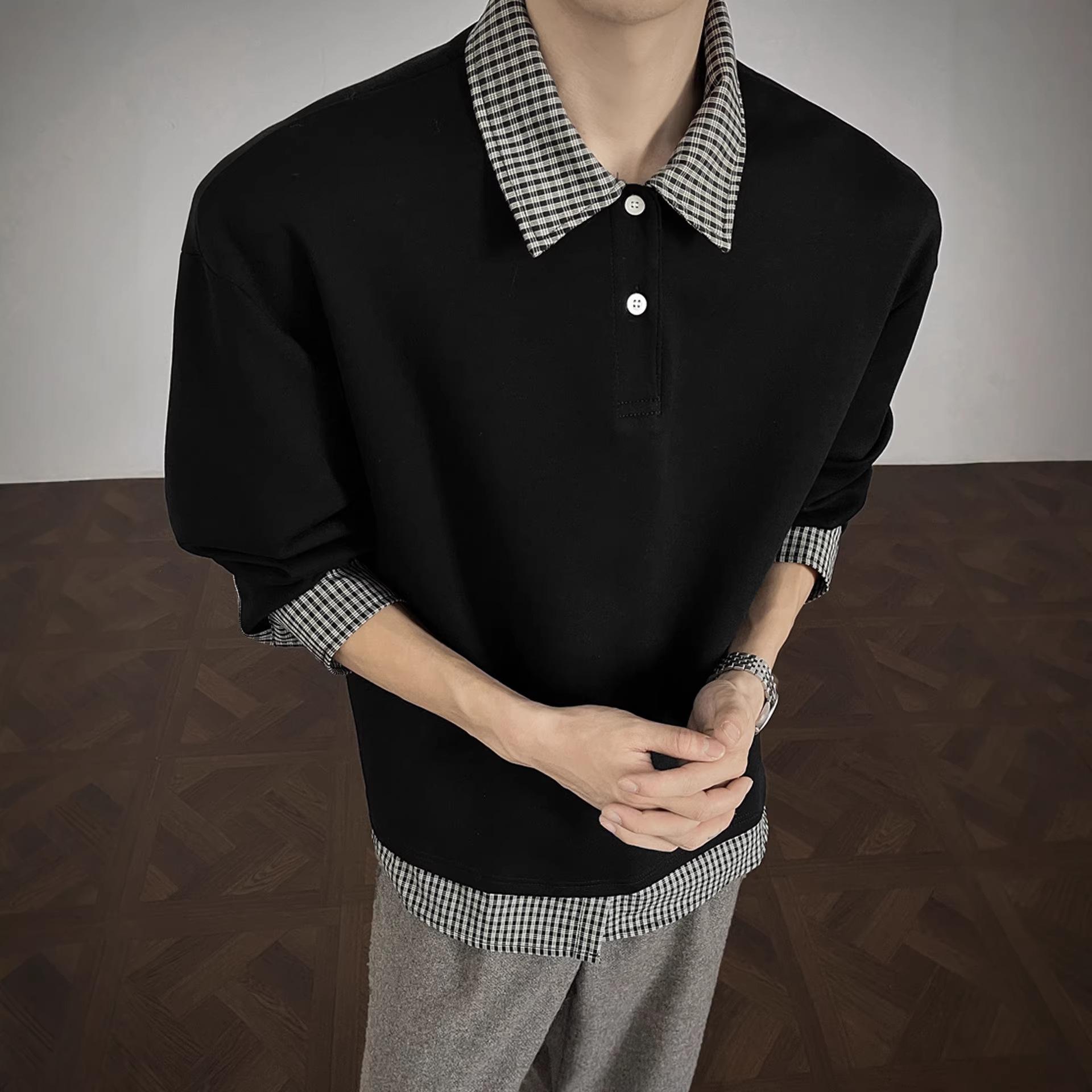 Men s Plaid Patchwork Polo Collar Hoodie: Autumn/Winter Cleanfit, Versatile Inner/Outer Layer 2XL чёрный