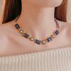 Blue Rhinestone Square Simulation Pearl Necklace for Women Vintage Collarbone Chain Sparkle Jewelry Sets