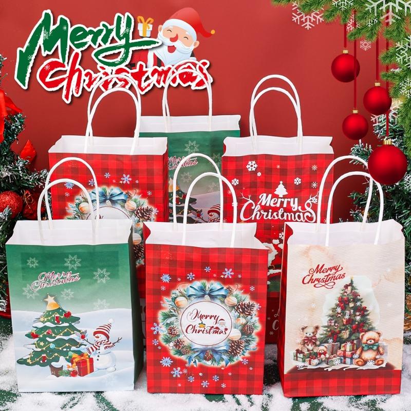 20/1x Joyful Christmas Kraft Paper Reusable Candy Toys Pouch Party Decor Packing Presents Handbag Santa Claus Reindeer Snowflake
