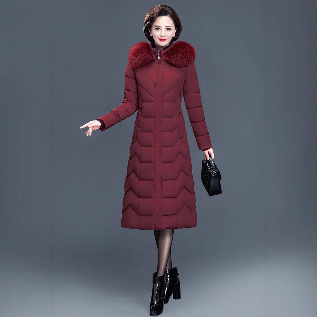 Middle-aged women's clothing red over the knee long cotton-padded coat big fur collar hooded thickened cotton clothes mother winter cold jacket elect