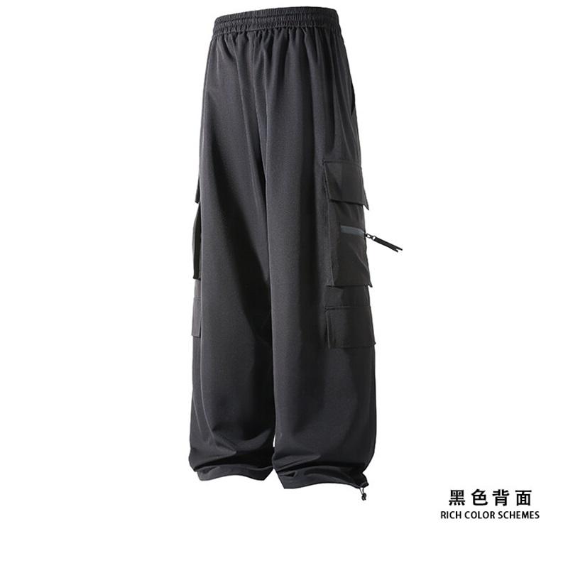High Quality Ice Silk Waterproof Zipper Multi Pockets Casual Pants Men Solid Straight Elastic Waist Trousers Loose Cargo Pants