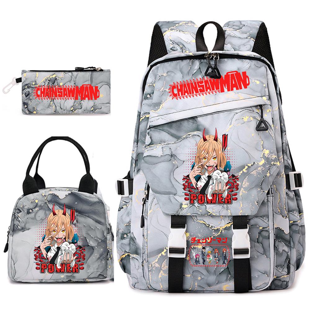 Chainsaw Man Anime Print Student Backpack Set for Girls with Lunch Bag Pencil Case School Daily Use