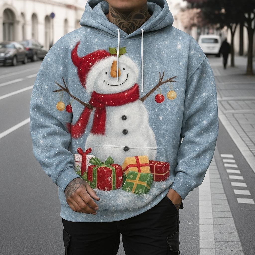 Men's Christmas Snowman 3D Print Hoodie, Autumn/Winter Holiday Theme Design, Fleece-Lined Thick Long Sleeves, Perfect for Casual Holiday Attire.