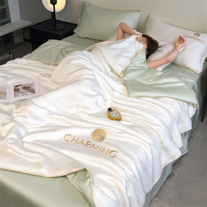 A-Class Water Washable Ice Silk Summer Cool Quilt Set, Summer Air Conditioning Embroidered Quilt, Heavenly Silk Summer Blanket