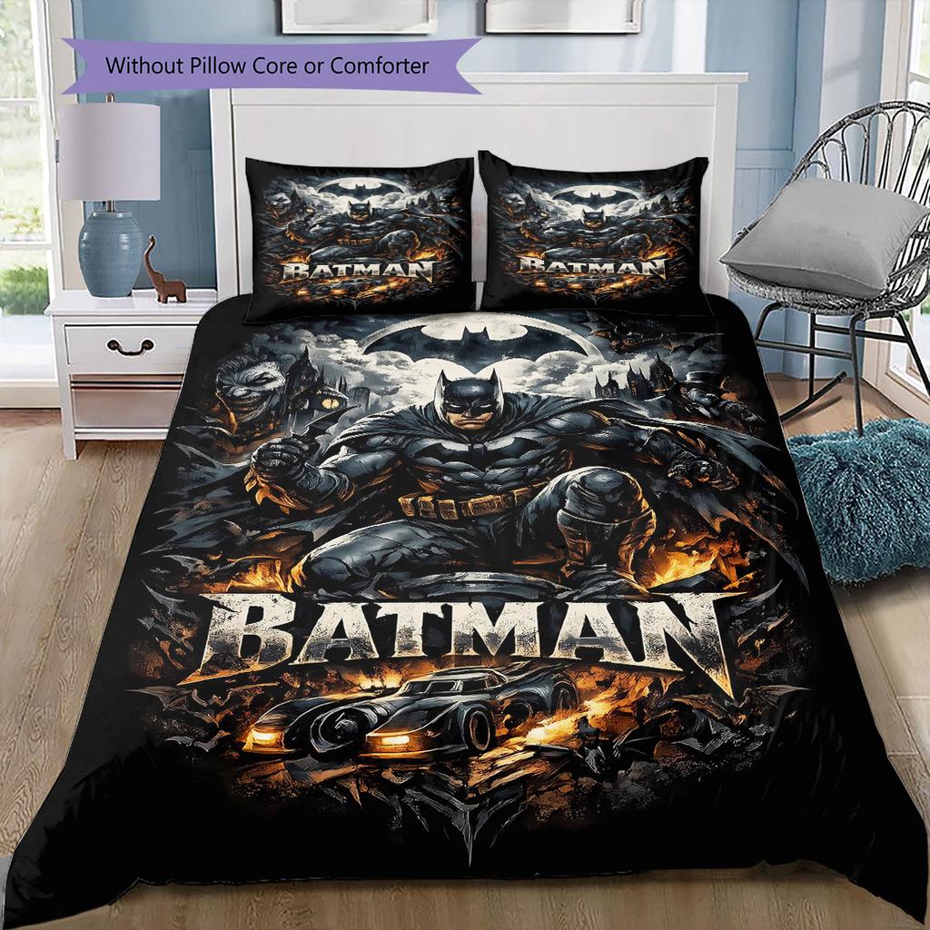 3-piece DC Batman Print Print Coreless Bed Sheet Set, Comfortable Bedspreads In Various Sizes, Bedroom Bedding.